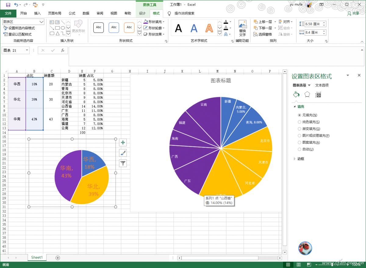 excel2013饼形图中将一部分放大到另一个饼形图