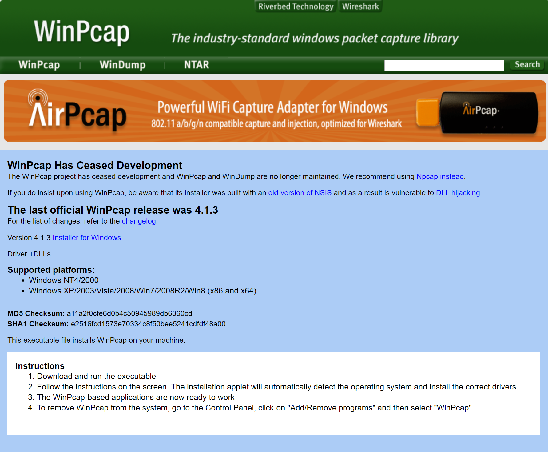 【WinPcap下载官方版】WinPcap4.1.3