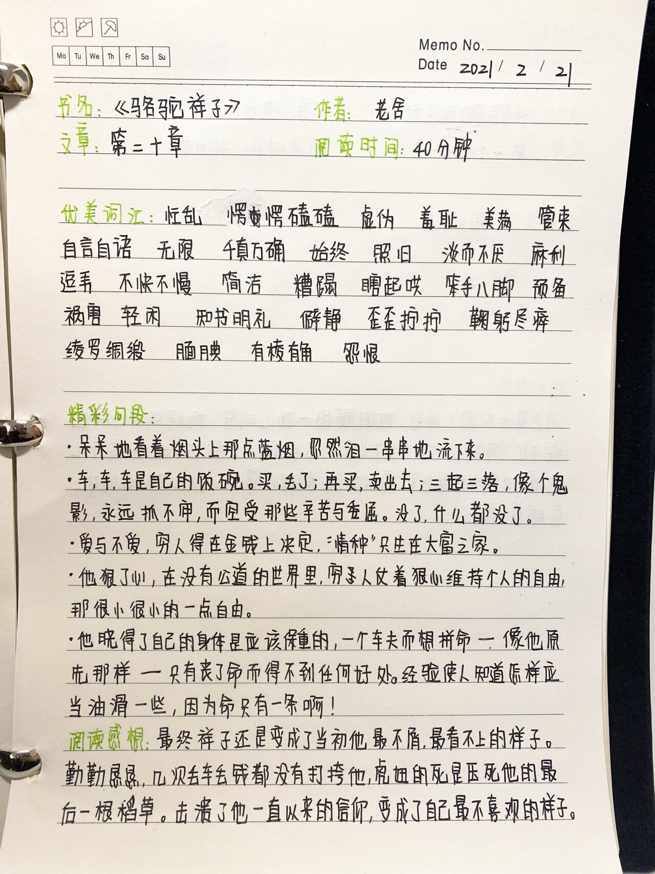 骆驼祥子各章节读书笔记