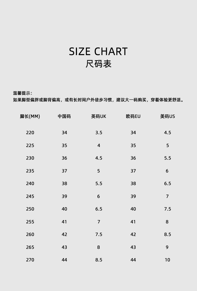 年龄脚长尺码对照表