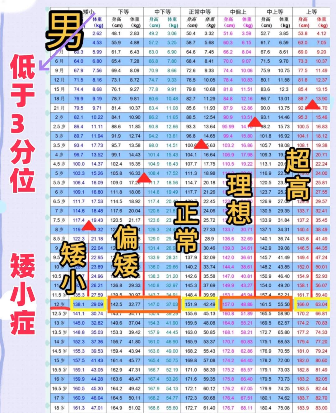 十二岁男孩子身高体重标准表